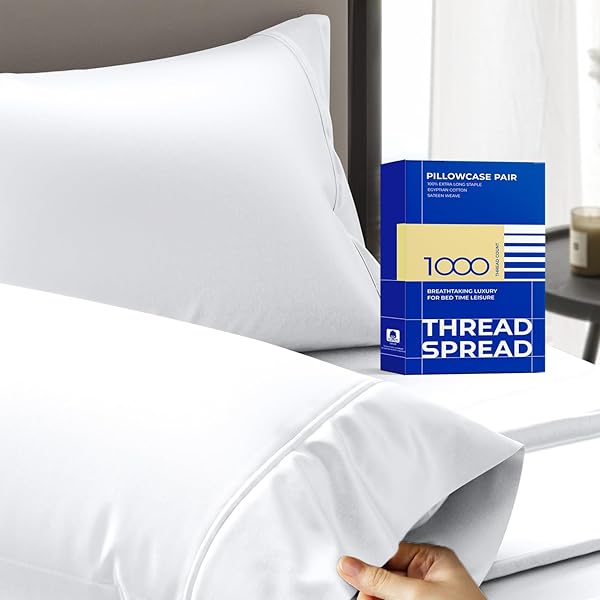 100% Egyptian Cotton Pillow Cases Queen Size Set of 2 - Luxury 1000 Thread Count Queen Pillow Cases (White), Soft Cooling Sateen Weave Hotel Quality Egyptian Cotton Pillowcases