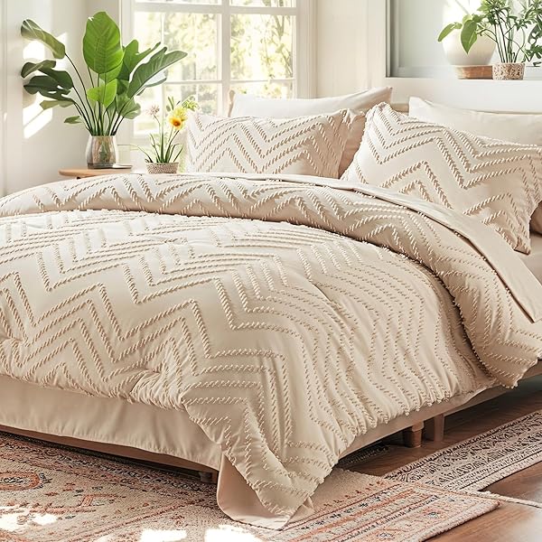 Queen Comforter Set, Beige Tufted Bed in a Bag 7 Pieces with comforters and Sheets, All Season Bedding Sets with 1 Comforter, 2 PillowShams, 2 Pillowcases, 1 Flat Sheet, 1 Fitted Sheet